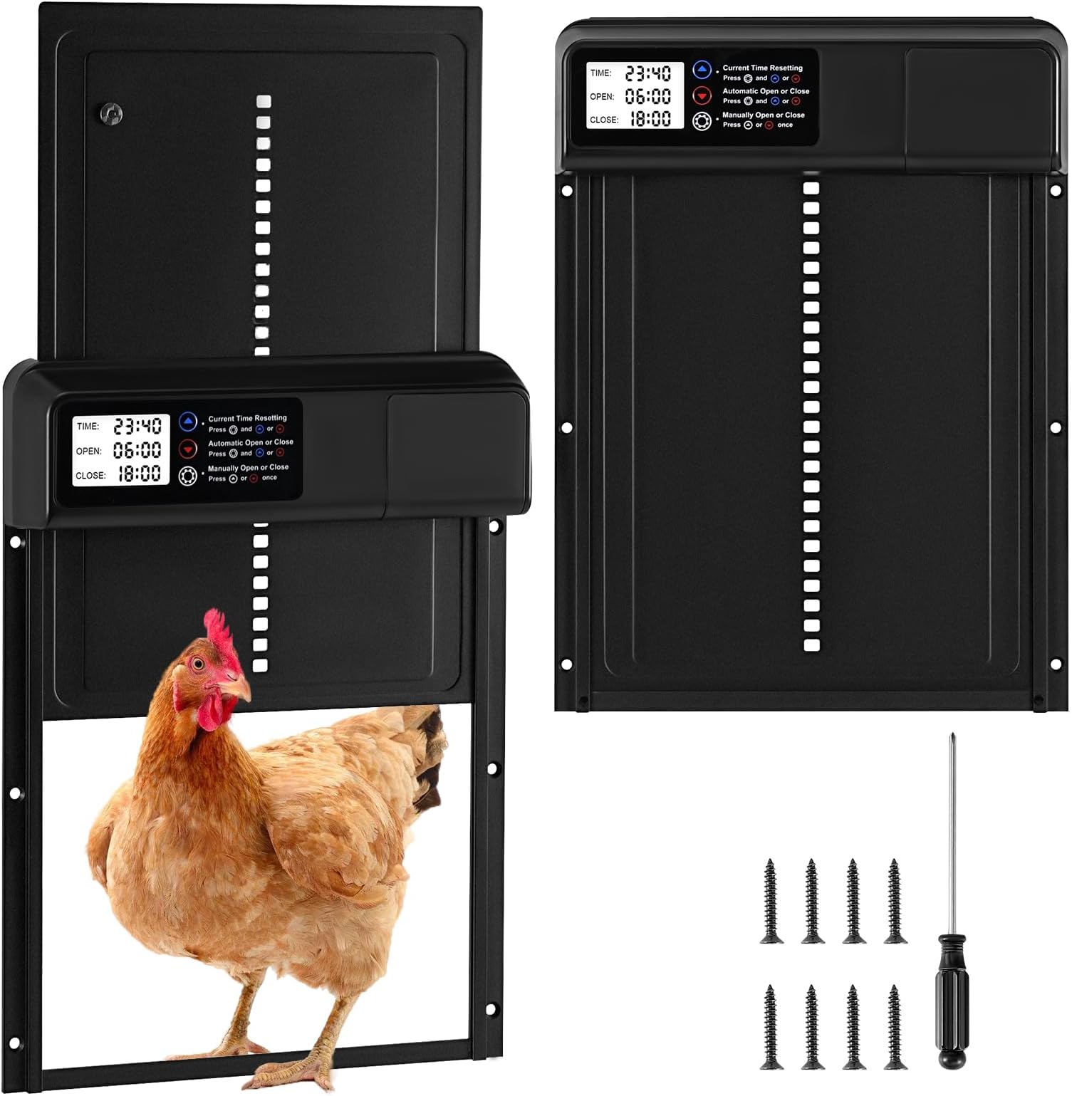 Automatic Chicken Coop Door with Timer&Manual Mode, Waterproof Electric Chicken Coop, Anti-Pinch Design, Large Lcd Display, Low Battery Warning, Aluminium Alloy Material, Safe Chicken Keeping