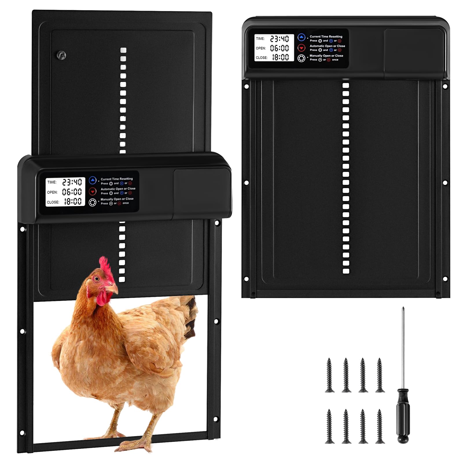 Automatic Chicken Coop Door, Anti-Pinch Automatic Chicken Door with Timer & Manual Mode Waterproof Automatic Door Opener, Chicken Coop Door with Large Lcd Display and Low Battery Warning
