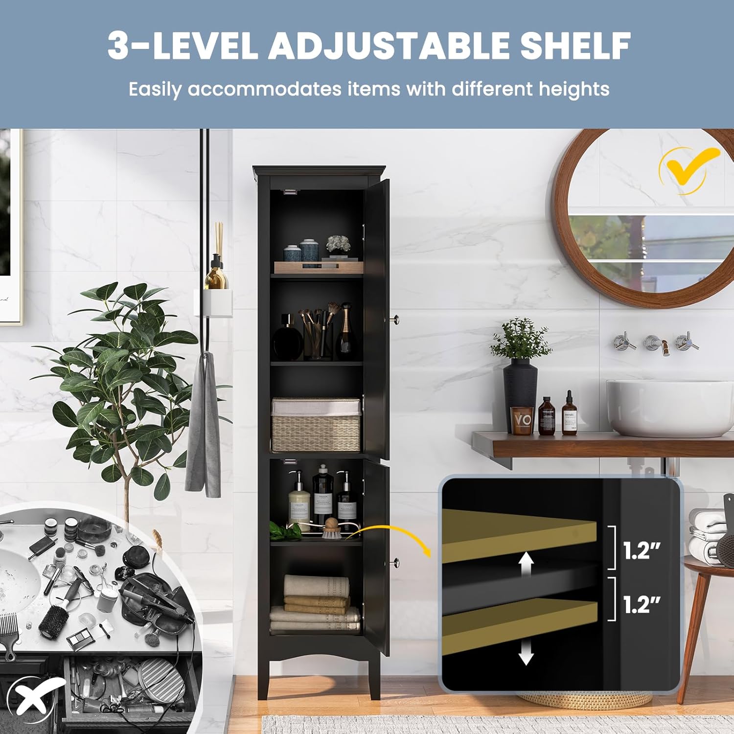 Bathroom Storage Cabinet, Narrow Tall Bathroom Cabinet with 3-Position Adjustable Shelf, 2 Doors, Anti-Tipping Device, Floor Freestanding Cabinet for Bathroom, Living Room (Black)
