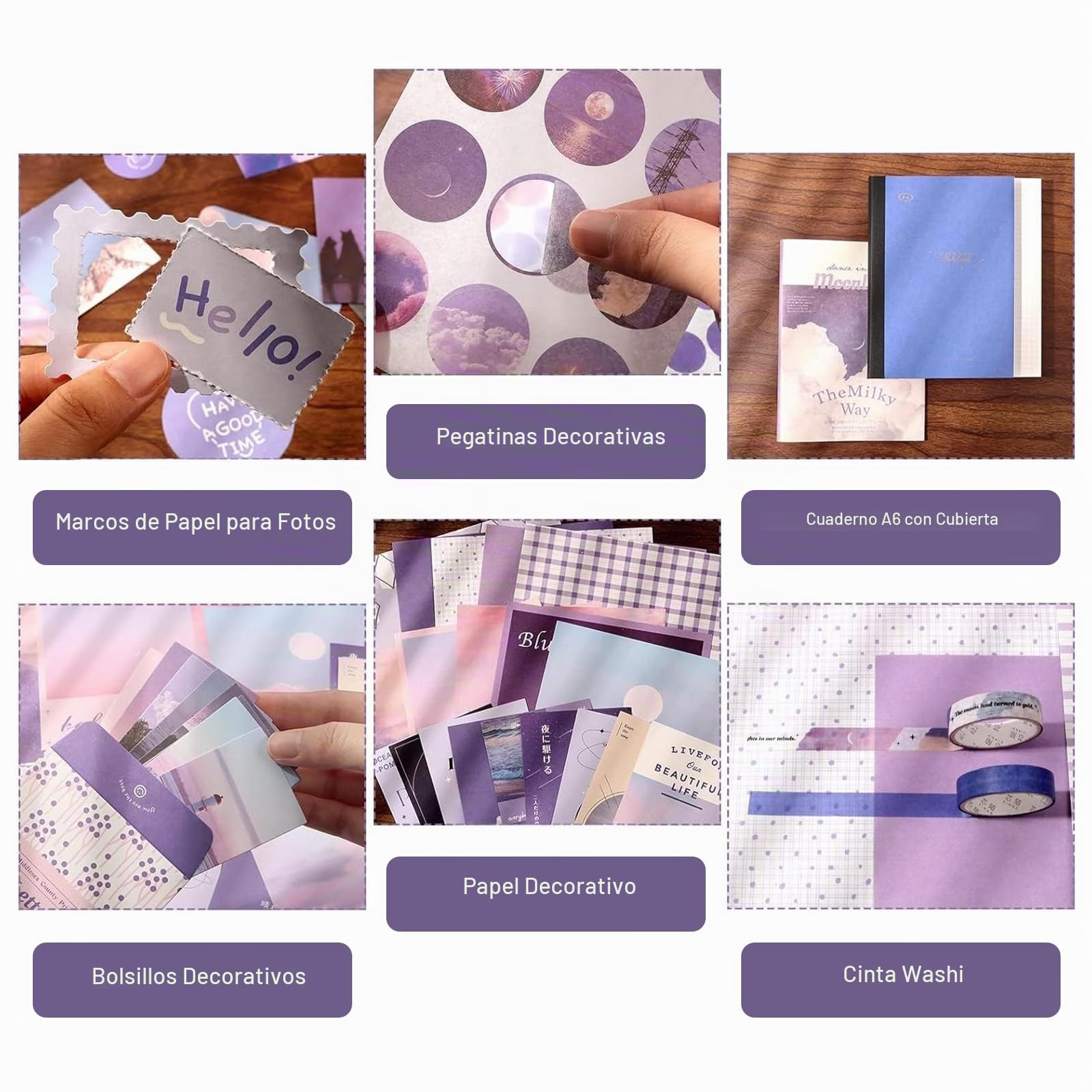 Kit de Scrapbook Estético 348 Piezas, Set de Journaling con Cuaderno A6 de Cuadrícula, Materiales para Scrapbooking, Washi Tape, Estilo Púrpura, para Principiantes, Regalo Creativo