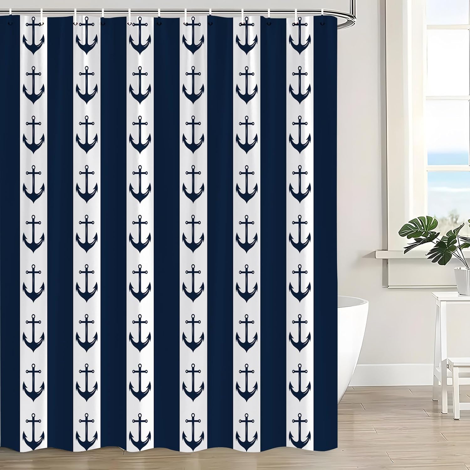Nautical Anchor Shower Curtain Navy Blue White Stripes Pattern Ocean Theme Modern Adventure Bathroom Curtains Decor with Hooks