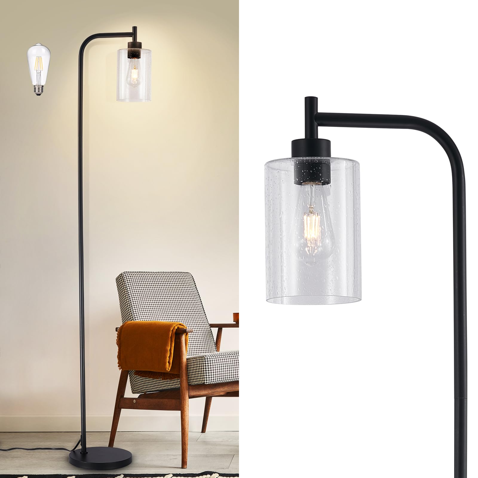 DLLT Floor Lamp Tall for Room: Black Standing Lamp with Seeded Glass Lampshade for Bedroom - Modern Bright Lamp for Living Room - Industrial Corner Floor Lamps for Office 8W Led Bulb Included