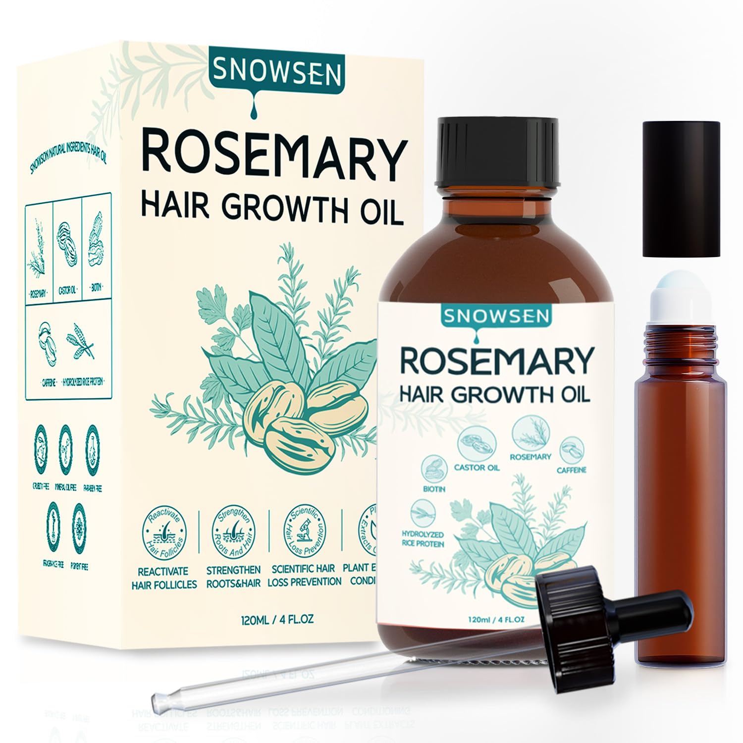SNOWSEN Aceite de Romero Para el Cabello, Reparar el Cabello Seco y Dañado, Perfecto Para Las Cejas y Las Pestañas, Estimular el Crecimiento del Cabello y Nutrir el Cabello y la Piel, 120ml