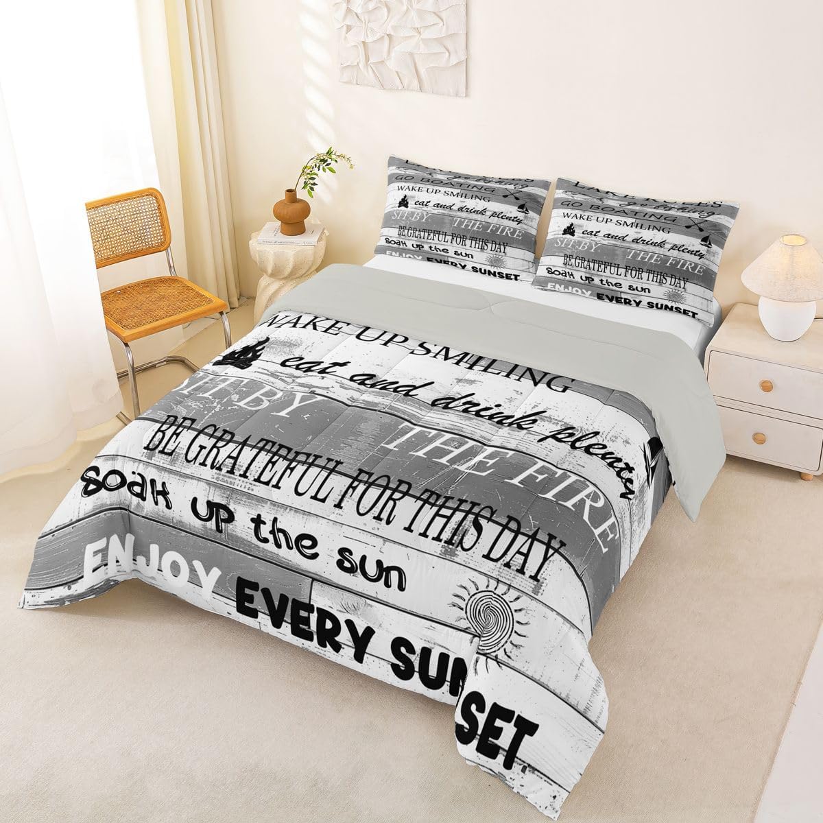 Lake Rules Decor Comforter Set Queen, Country Lake House Bedding Set For Kids Boys Girls Teens, Rustic Farmhouse Wooden Stripes Duvet Insert Lake Paddle Boat Down Comforter 3 Pcs With 2 Pillow Cases