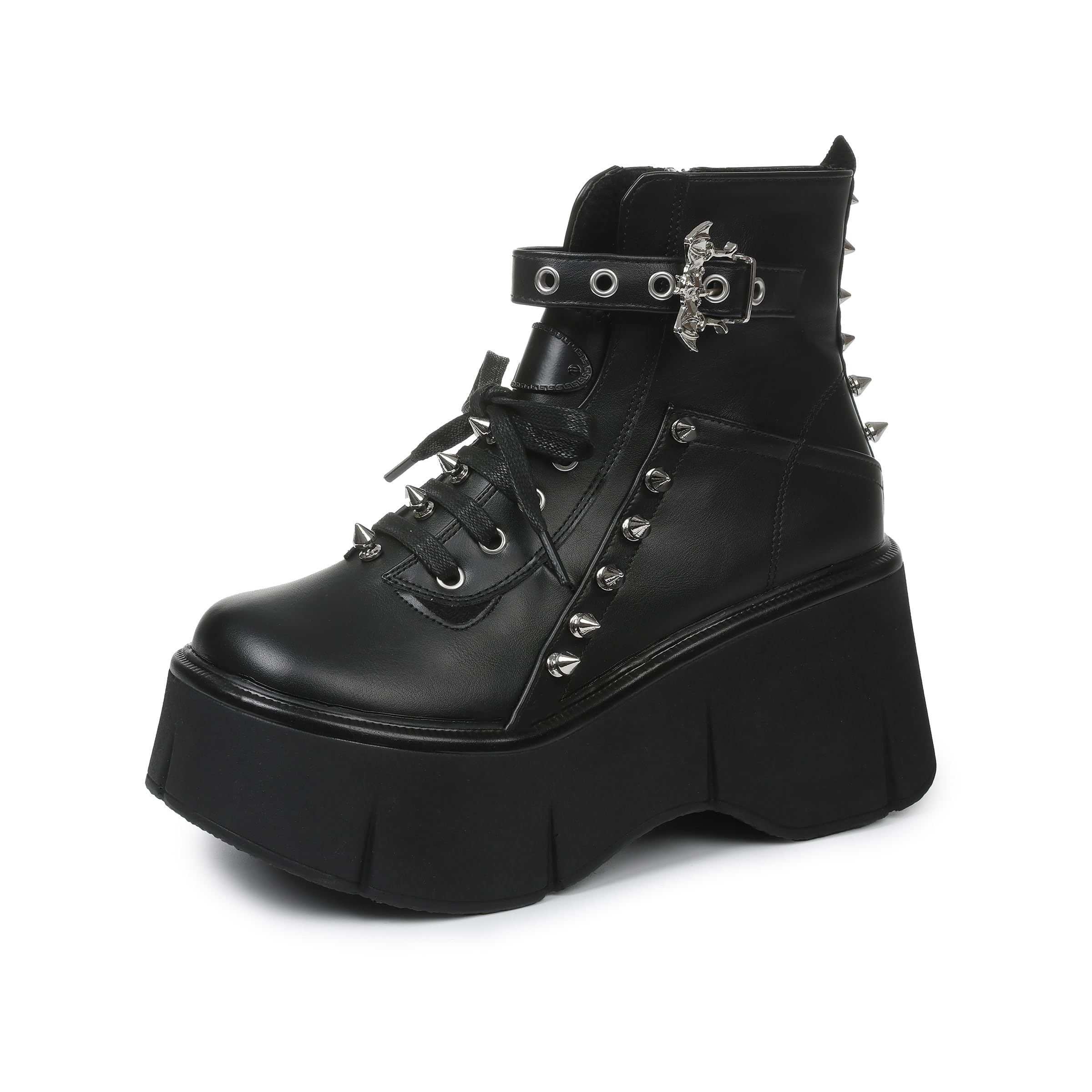 Women Black Platform Boots Wedge Goth Round Toe Lace Up Chunky Heel Studded Combat Zip Buckle Ankle Shoes