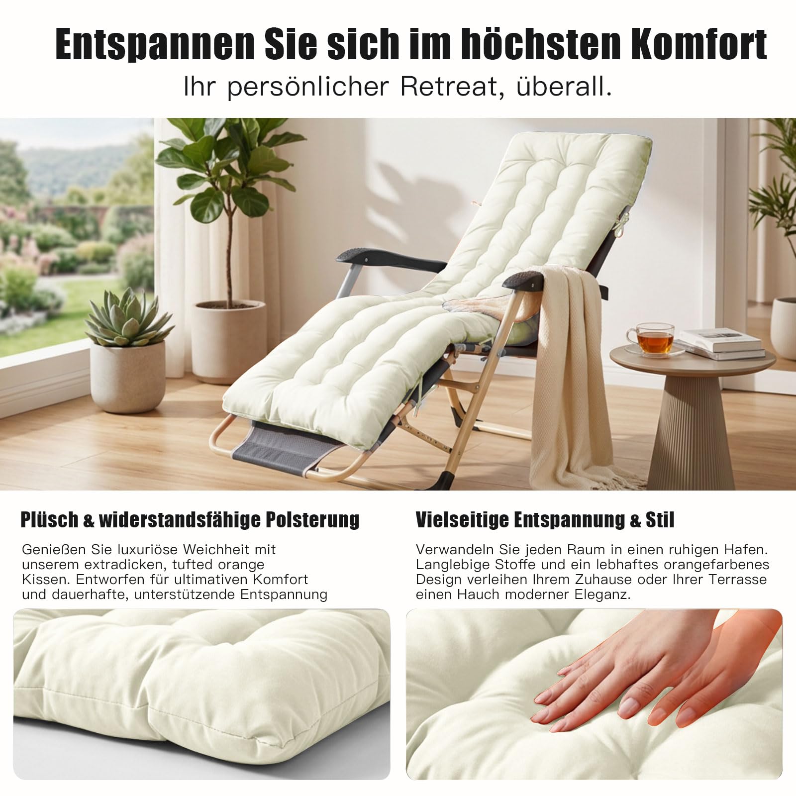 Bocguy Cojín para Tumbona de Exterior 170x50x10CM，Colchóneta para Tumbona de Jardin y Terraza y Balcón - Impermeables Colchoneta para Hamaca y Tumbona con Fijación Fácil