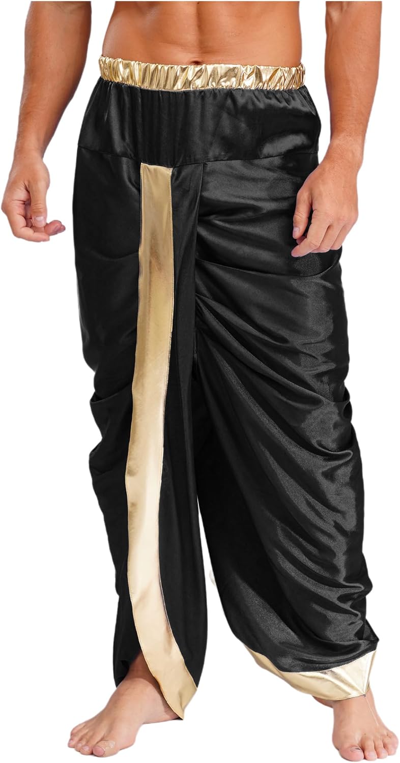 Vxuxlje Mens Dhoti Trousers Shiny Metallic Ruched Indian Traditional Trousers Festival Costume