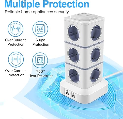Miniatura 2 de Regleta de alimentación con protector de sobretensiones de 10 pies con 12 salidas de CA, 4 puertos USB, estación de carga, regletas de alimentación