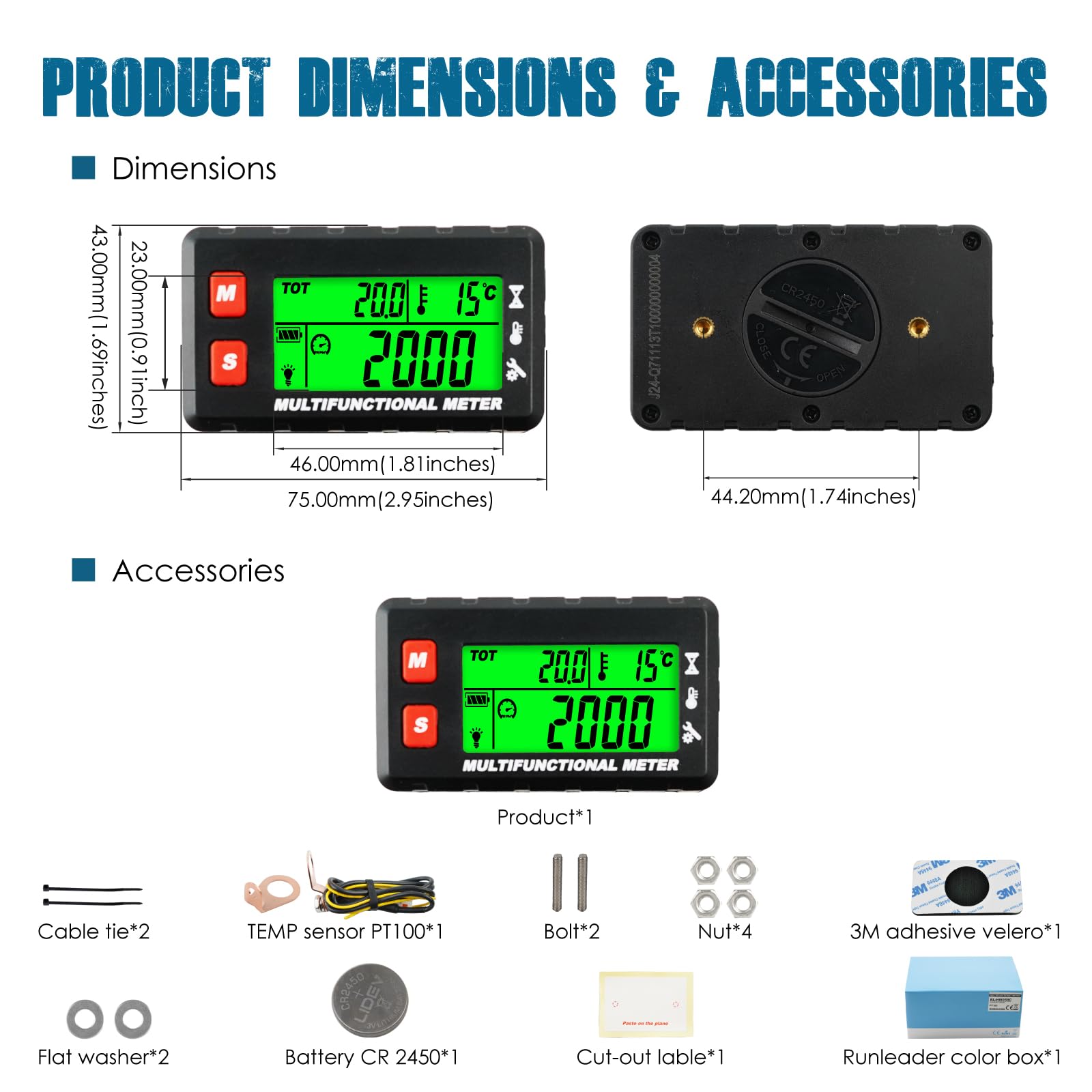 Runleader Compteur de température du moteur Digital, Compteur de tours/heure, Remplacement de la batterie et Alimentation externe DC5V à 30V pour moteur à essence, tracteur de jardin, générateur