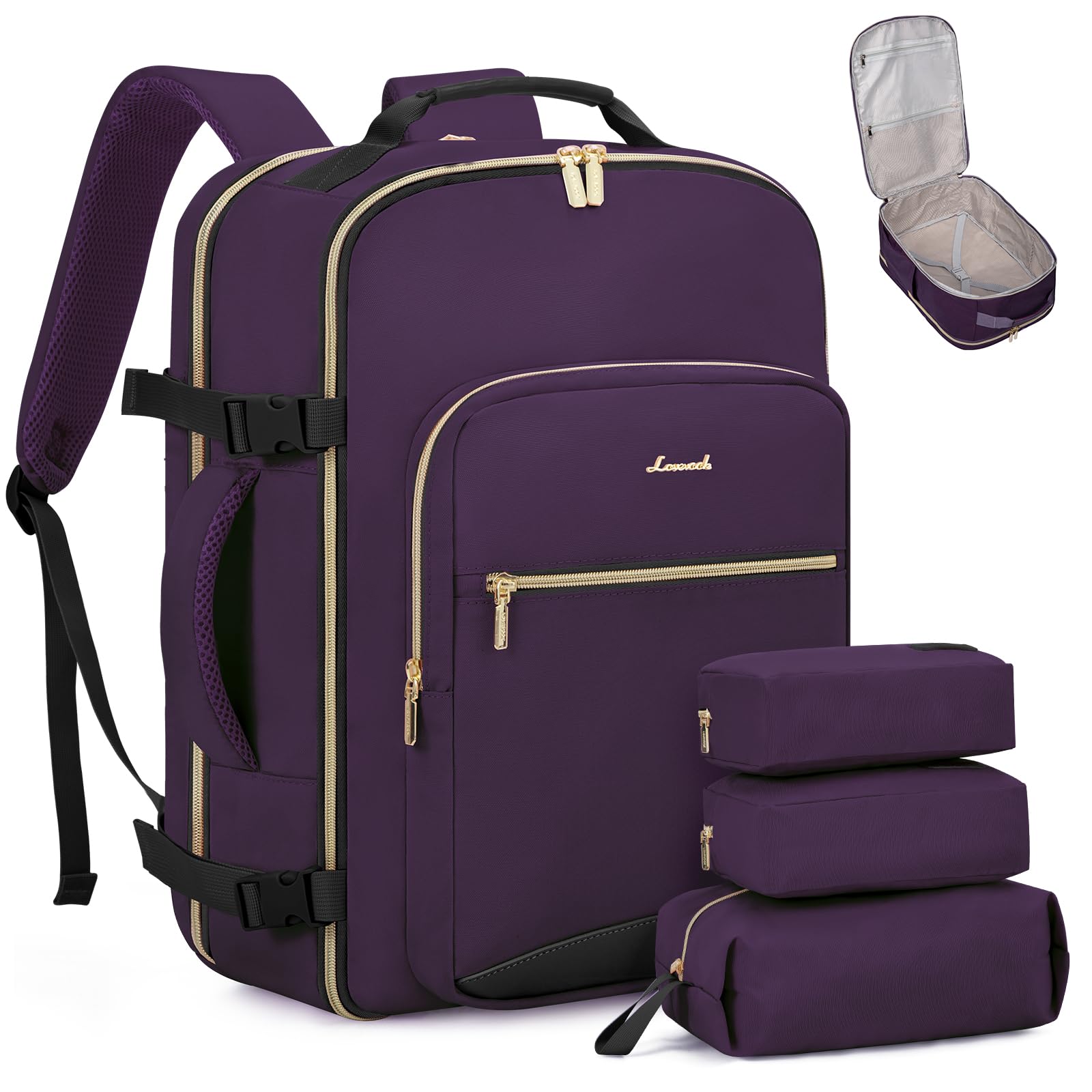 LOVEVOOK 40L Travel Backpack Flight Approved Carry on Backpack,3 Packing Cubes,Waterproof Personal Item Travel Bag,TSA Carry on Luggage Suitcase Travel Essentials,Gifts for Women &amp; Men,fits 17" Laptop