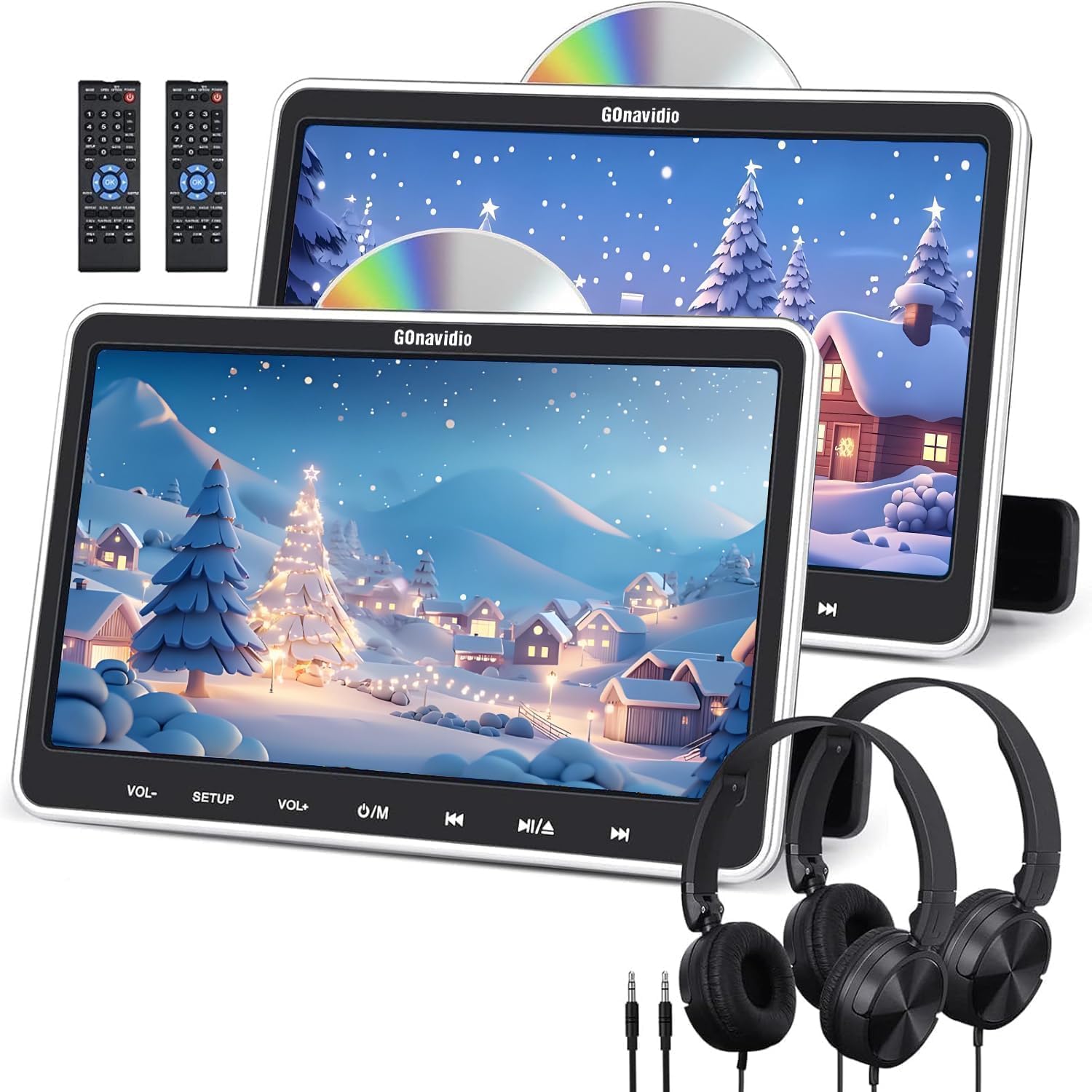 GOnavidio 10.1" Dual Car DVD Players with HDMI Input, 2 Headphones Mounting Brackets, Support Same/Different Movie, Last Memory, Region Free, USB SD Card, No Battery(2 Headrest DVD Players)