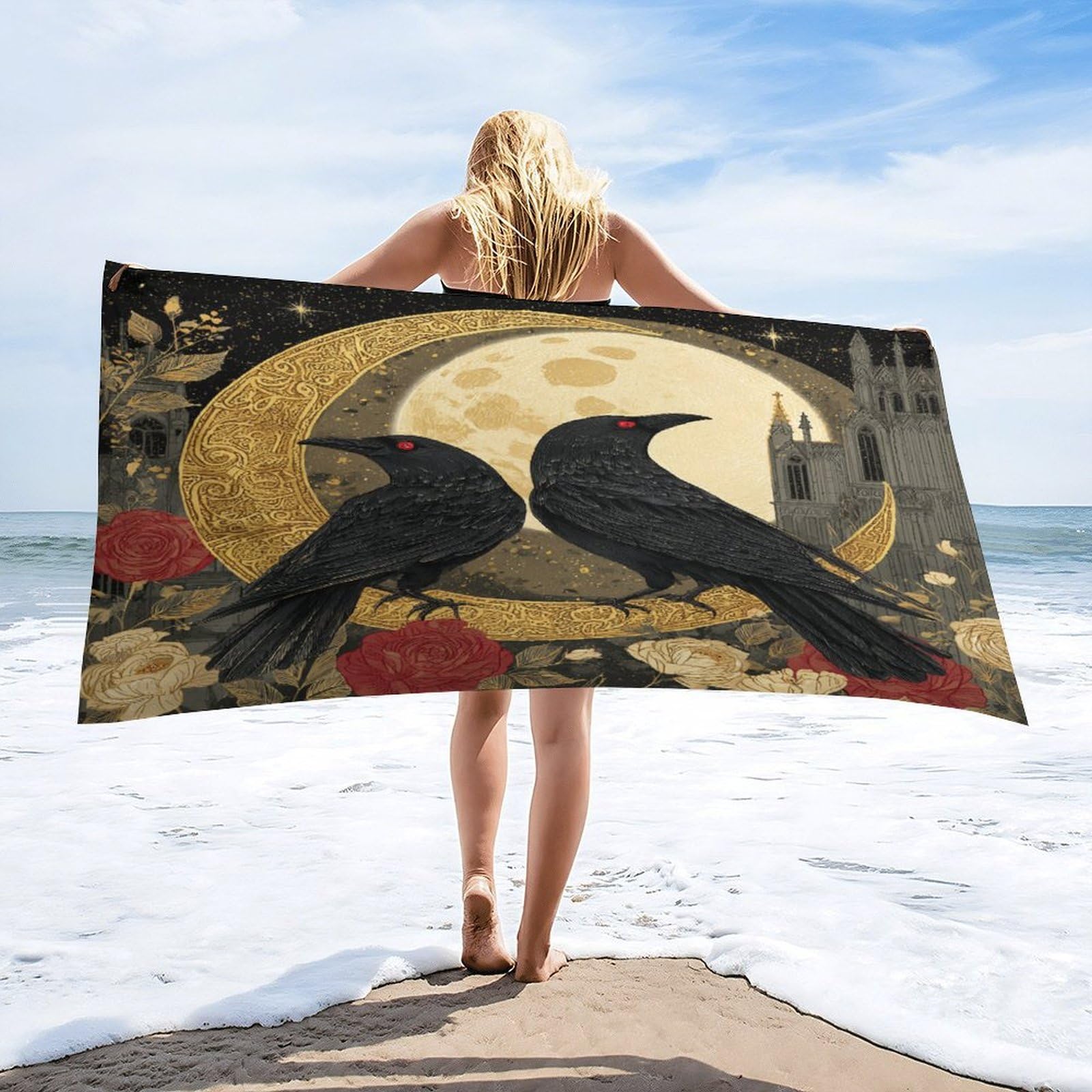 Luyysky Beautiful Classic Animal Crow Quick-Drying Beach Towel, Mid Century Gothic Full Moon Starry Sky Galaxy Castle Roses Floral Travel Vacation Single Sided Pile Bathroom Towels-80"W Cm X 160"L Cm