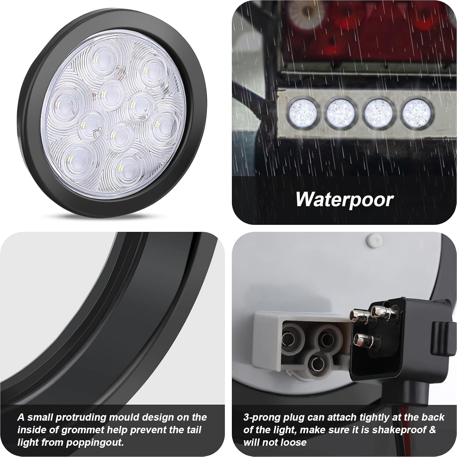 12 Pcs 4 Inch Round LED Trailer Tail Lights, 10 LED Trailer Marker Lights Waterproof 12V Brake Stop Turn Lights Sealed Flush Mount for Truck RV Boat(White)