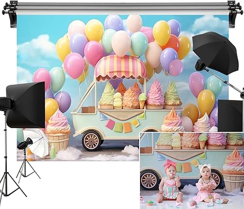 Miniatura 1 de Kate Telón de fondo de globo de helado para automóvil, decoración de fiesta de cumpleaños para niños, fondo de fotografía de 7 x 5