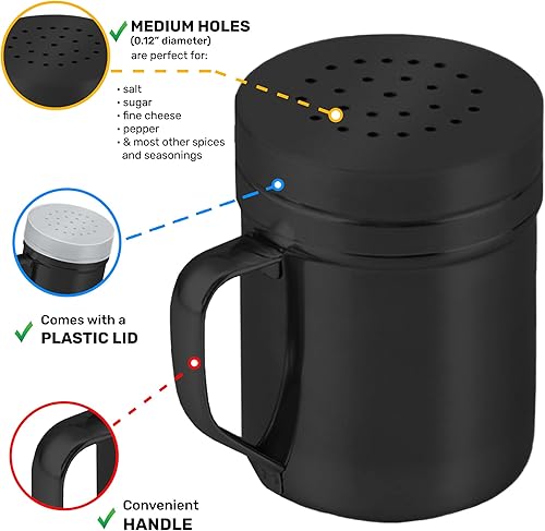Miniatura 12 de CUSINIUM Salero de metal y pimienta, con asa, condimentos y especias con agujeros y tapas, 10 onzas, 2 piezas, estilo: mediano plateado,Negro
