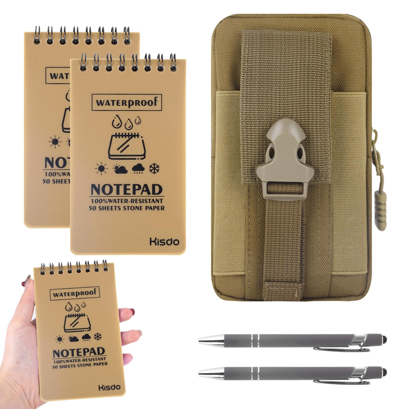 ChauLanBow Waterproof Notebook and Pen Set, 3 Pack Mini Waterproof Notepad with 2 Tactical Pens & Waist Pouch, Brown Pocket Notepad 5x3in, Reporters Notebook Spiral for Outdoor Hiking Camping Office