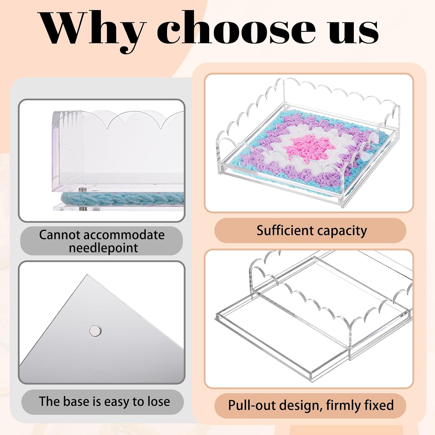 GlikCeil 1 Pcs 6.7" x 6.7" Acrylic Scalloped Tray Large Clear Acrylic Tray with Drawer for Insert Customizable Photos, Art, and Fabric Scalloped Basket for Needlepoint Napkin Frame Display Messages