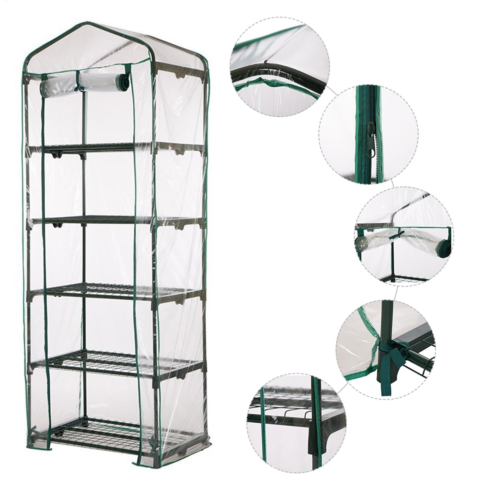 Copertura per serra piccola a 5 ripiani, 69 x 49 x 187 cm, impermeabile, trasparente, in PVC con porta arrotolabile, resistente, per coltivare verdure, fiori e piantine (telaio non incluso)