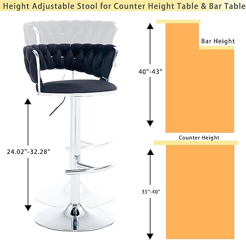 Miniatura 11 de Juego de 2 taburetes de bar de terciopelo giratorios con base de metal dorado, taburetes de bar modernos de altura de mostrador para cocina, pub,