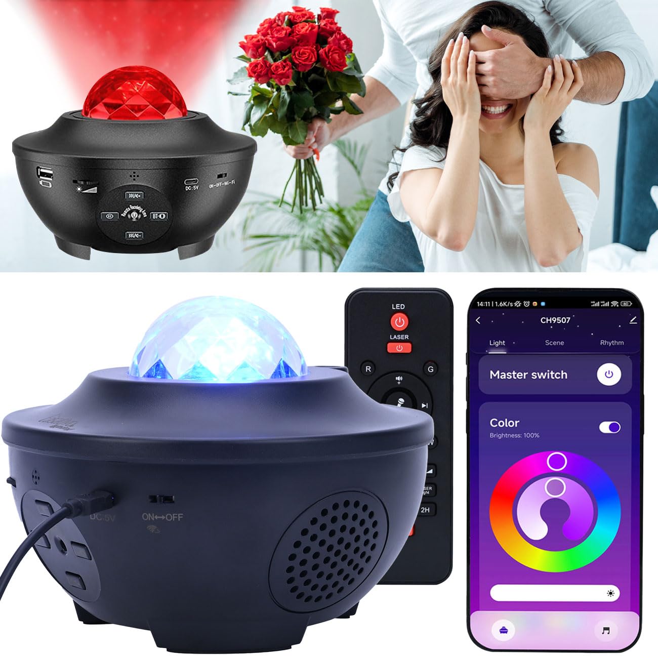 2er-Set Laser-Sternenhimmel-Projektor - Bluetooth Lautsprecher & Sprachsteuerung via App - Bis 200qm Abdeckung - WiFi, RGBW-LED, Nachtlicht & Timer
