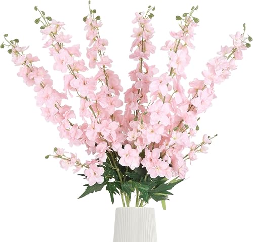 6Pcs Pink Delphinium Artificial Flowers 37.4’’ Faux Silk Larkspur Flowers Long Stem Flowers for Floor Vase Table Centerpiece Home Wedding Party Garden Decoration(Pink)