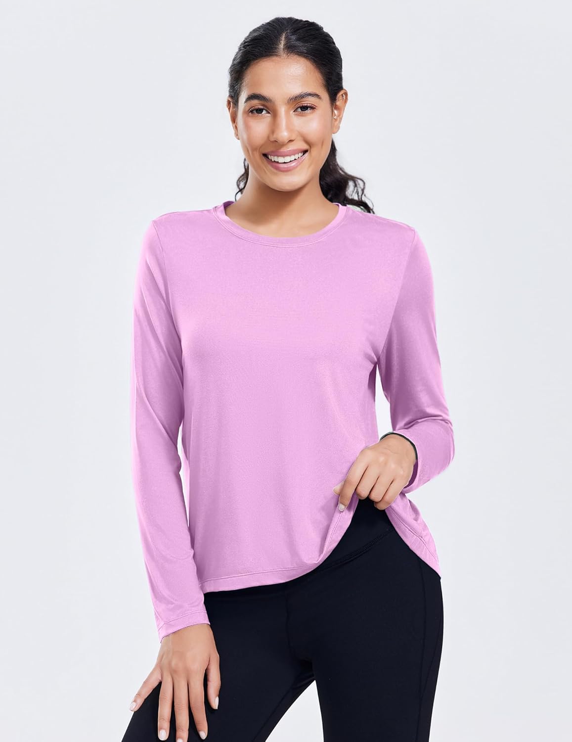 PINSPARK Workout Tops for Women Long Sleeve Athletic Shirt Soft Loose Fit Exercise Shirt with Back Pleated Pilates Yoga Tops