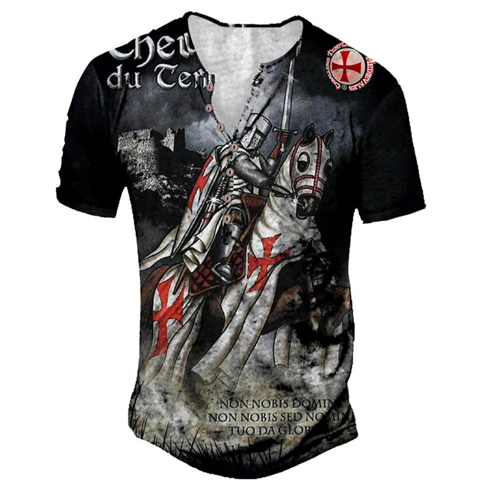 WAVOTIQ Men's Vintage Distressed Henley Short Sleeve T-Shirt Retro 3D Knight Templar Print T-Shirts Motorcycle Racing Henley Shirts, L
