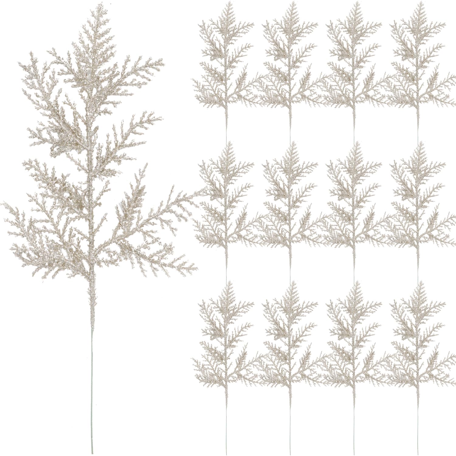 12 Pcs Artificial Christmas Glitter Leaves Picks, Christmas Glitter Pine Needles Branches Spray Glitter Frosted Branches for DIY Accessories Christmas Floral Decorations Wreath Garland (Sky Blue)