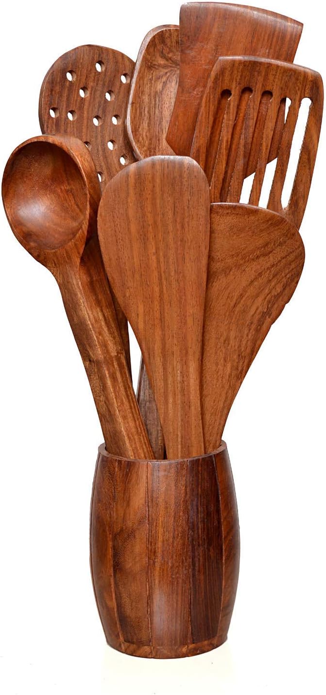 Crafts A to Z Multipurpose Serving and Cooking Spoon Set for Non Stick Spoon for Cooking Baking kitchen tools Essentials Wooden Non Stick Spatulas , Ladles Mixing and turning Wooden Spoon Set of 7 | 2 Frying, 1 Serving, 1 Spatula, 1 Chapati Spoon, 1 Desert, 1 Rice,