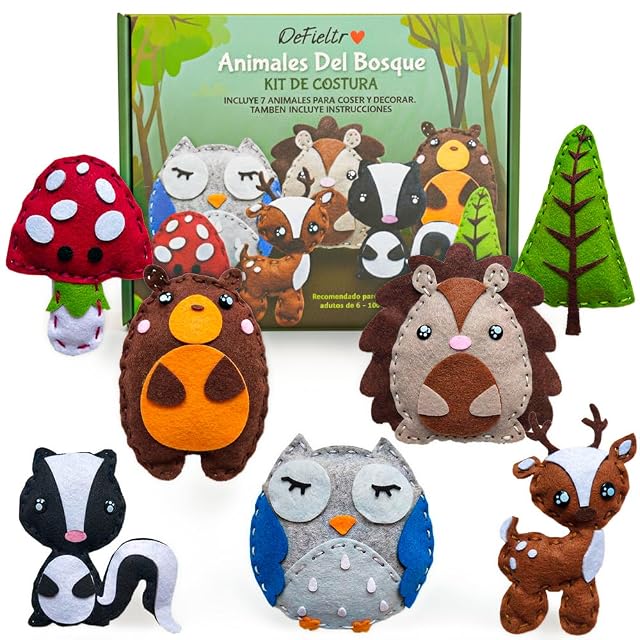 DeFieltro Kit Costura Niños y Niñas de Animales del Bosque - Kit de Costura para Niñas y Niños con 7 Figuras de Fieltro - Juego Educativo DIY con Agujas Seguras y Accesorios - Manualidades Niños