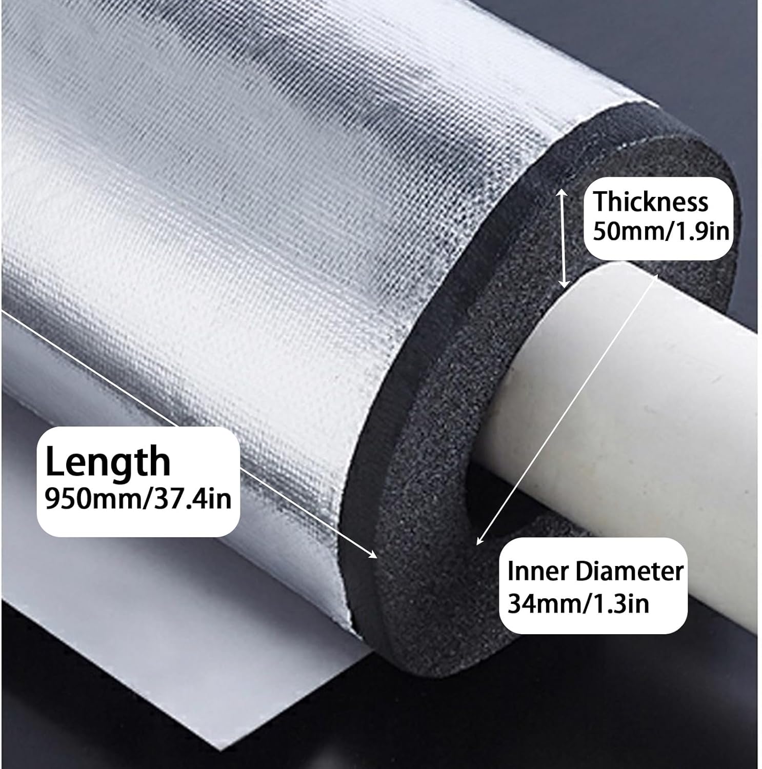 Pipe Insulation Foam Tube,air Conditioner Pipe Insulation,Foam Pipe Insulation for Winter Solar Anti-Freezing Thickened Aluminum foil self-Adhesive Open Pipe Sleeve(Id34,Thk50)