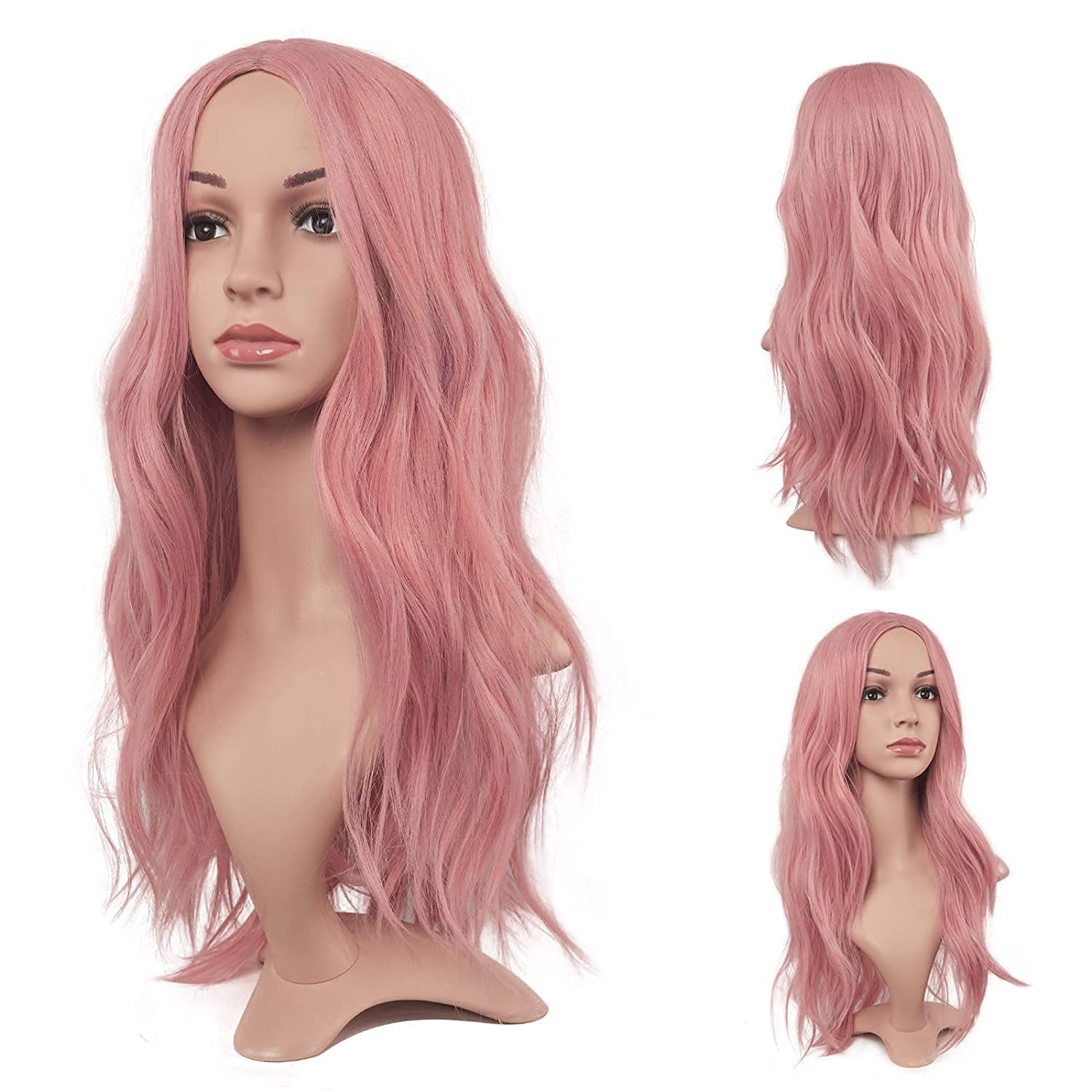 FESHFEN Parrucca Rosa Lunga Ondulé, 60 cm Parrucche Donna Lunghe Sintetici Separazione Centrale Parrucche Uso Quotidiano Festa Parrucca Long Wavy Wig