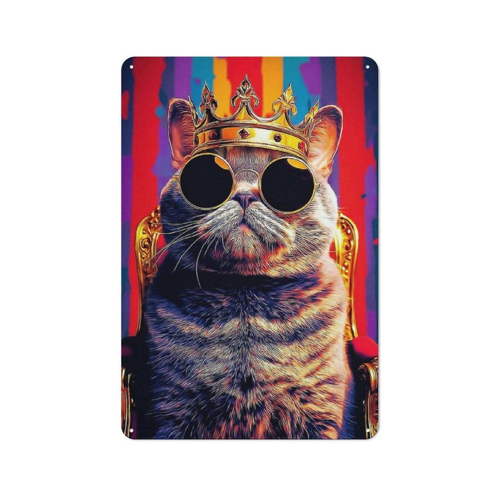 Junmoney Royal Cat In Crown And Sunglasses Tin Wall Plaque 30X20cm With For Garage Or Workshop, For Living Room, Hallway And Entrance Wall Decor