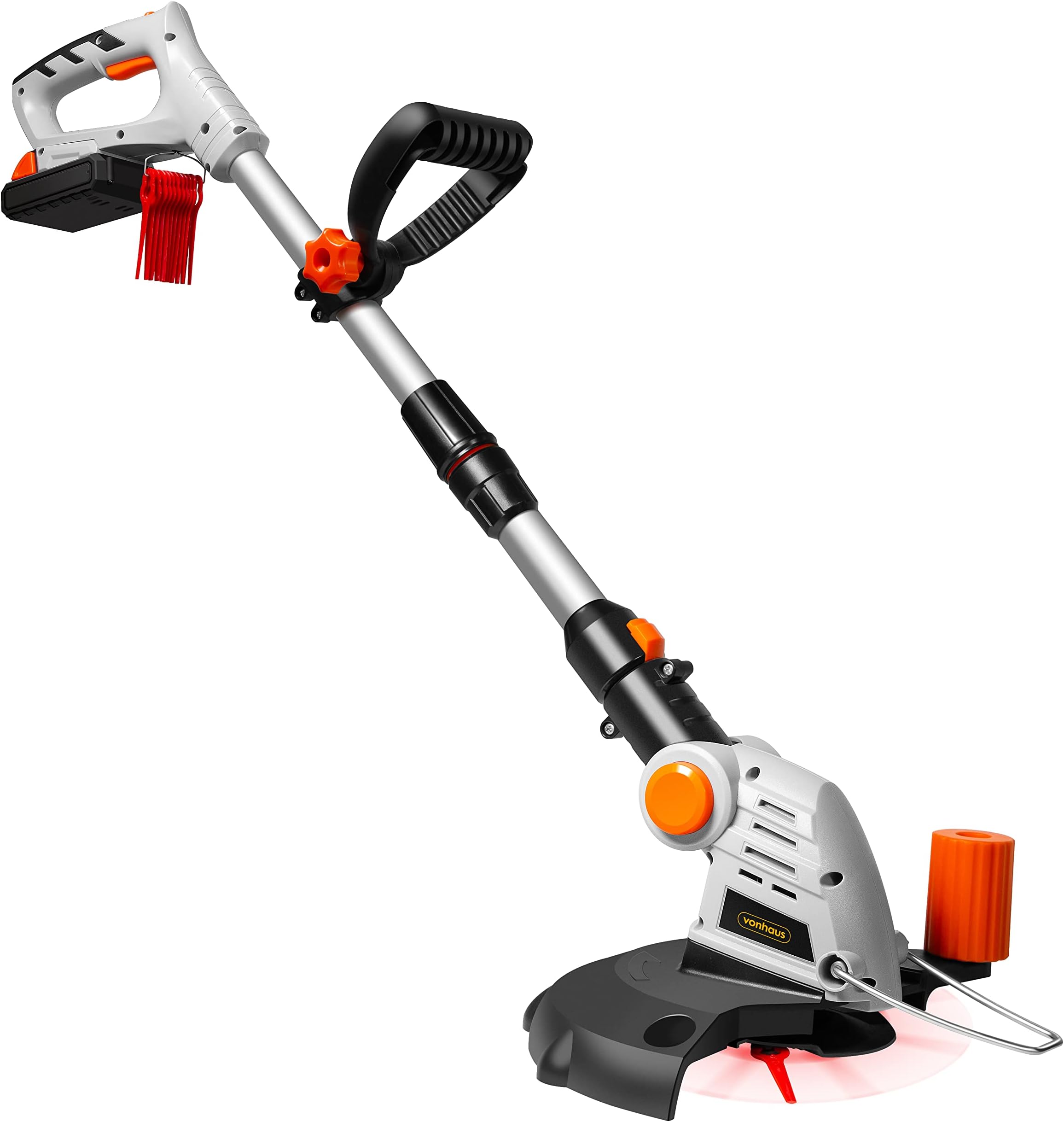 VonHaus Grass Trimmer Cordless – Long Reach Telescopic Extendable Lawn Edger for Flower Beds & Garden Turf – 20V Battery, Charger, 12x Blades, Rotating/Swivel Head, Flower Guard, Auxiliary Handle