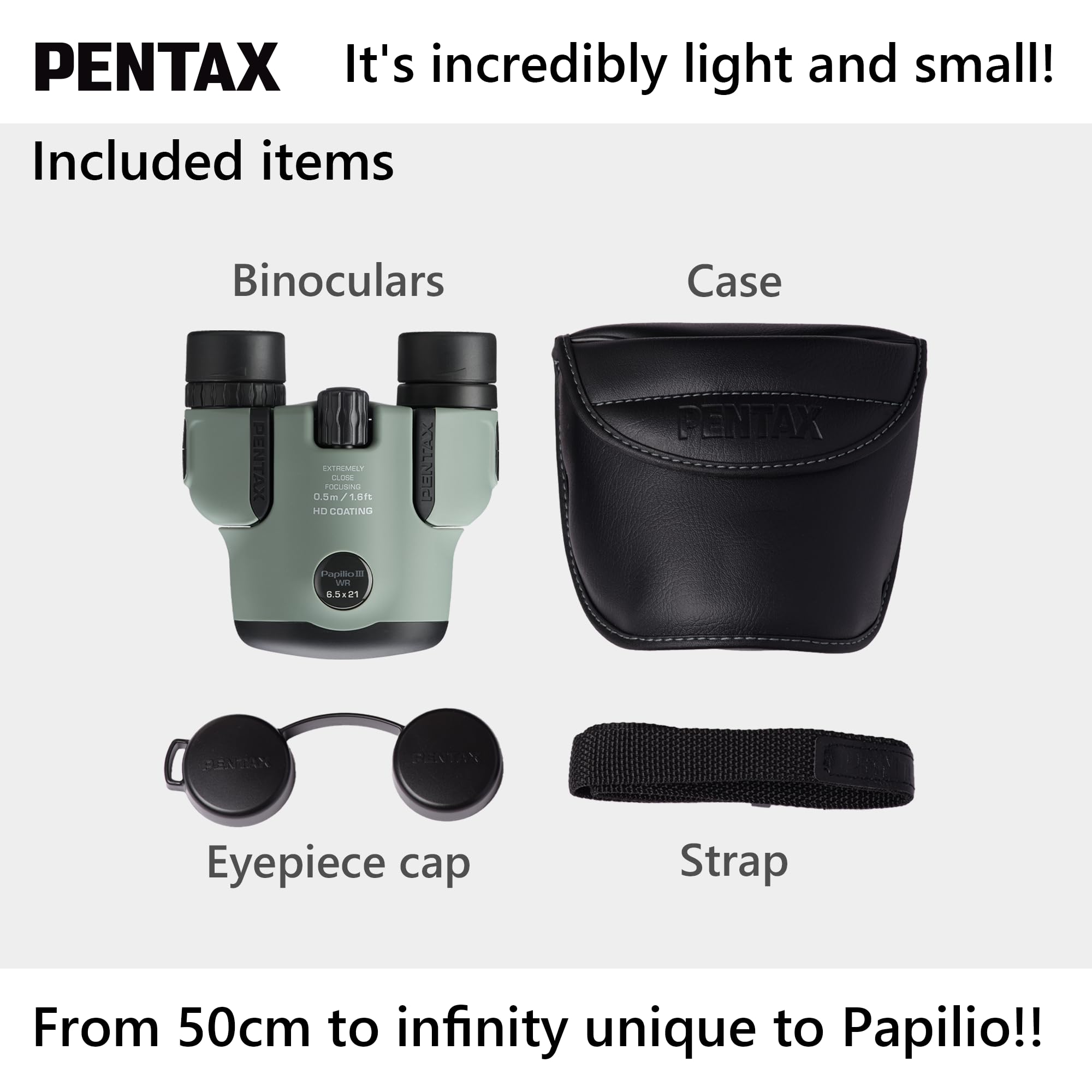 Binocolo Pentax Papilio III, 6.5 x 21 resistente agli agenti atmosferici, Oliva, messa a fuoco 50 cm, resistente agli schizzi, Museo, Outdoor, Natura, Sport dal vivo, Rivestimento HD