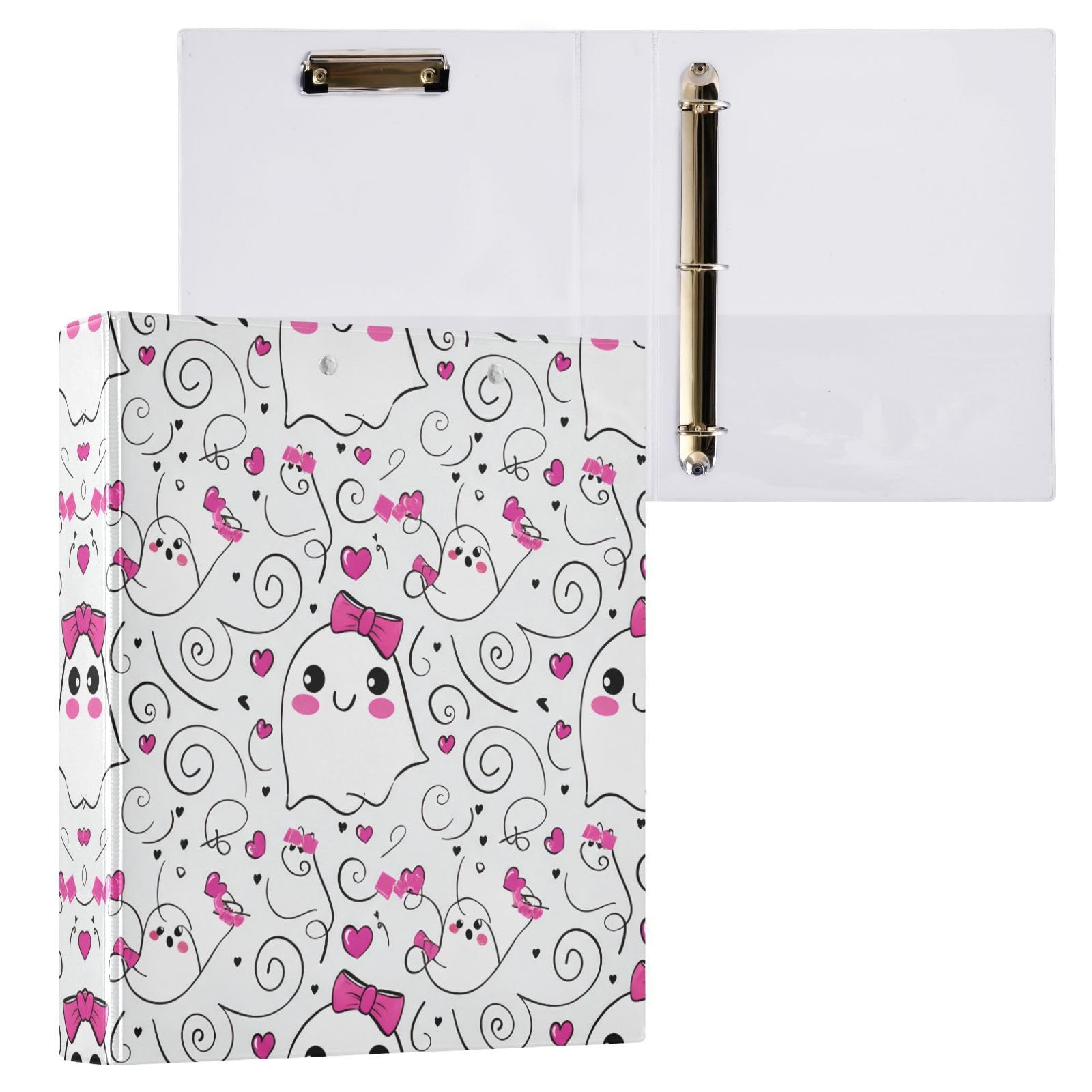 Flradish 1 Pack Ghosts Pink Bows 3 Ring Binder with Clipboard 1.5-Inch Round Rings Binders with 3 PVC Clear Pockets,Holds 200 Sheets for Office Binder