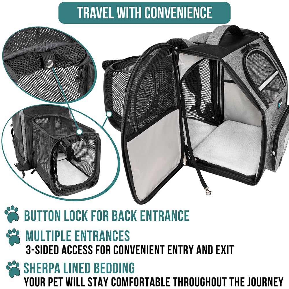 PetAmi Dog Cat Backpack Carrier, Expandable Pet Carrier Backpack for Travel Hiking, Small Medium Dog Puppy Large Cat Carrying Backpack, Airline Approved Ventilate Soft Back Support, 18 lbs, Light Gray - image 4