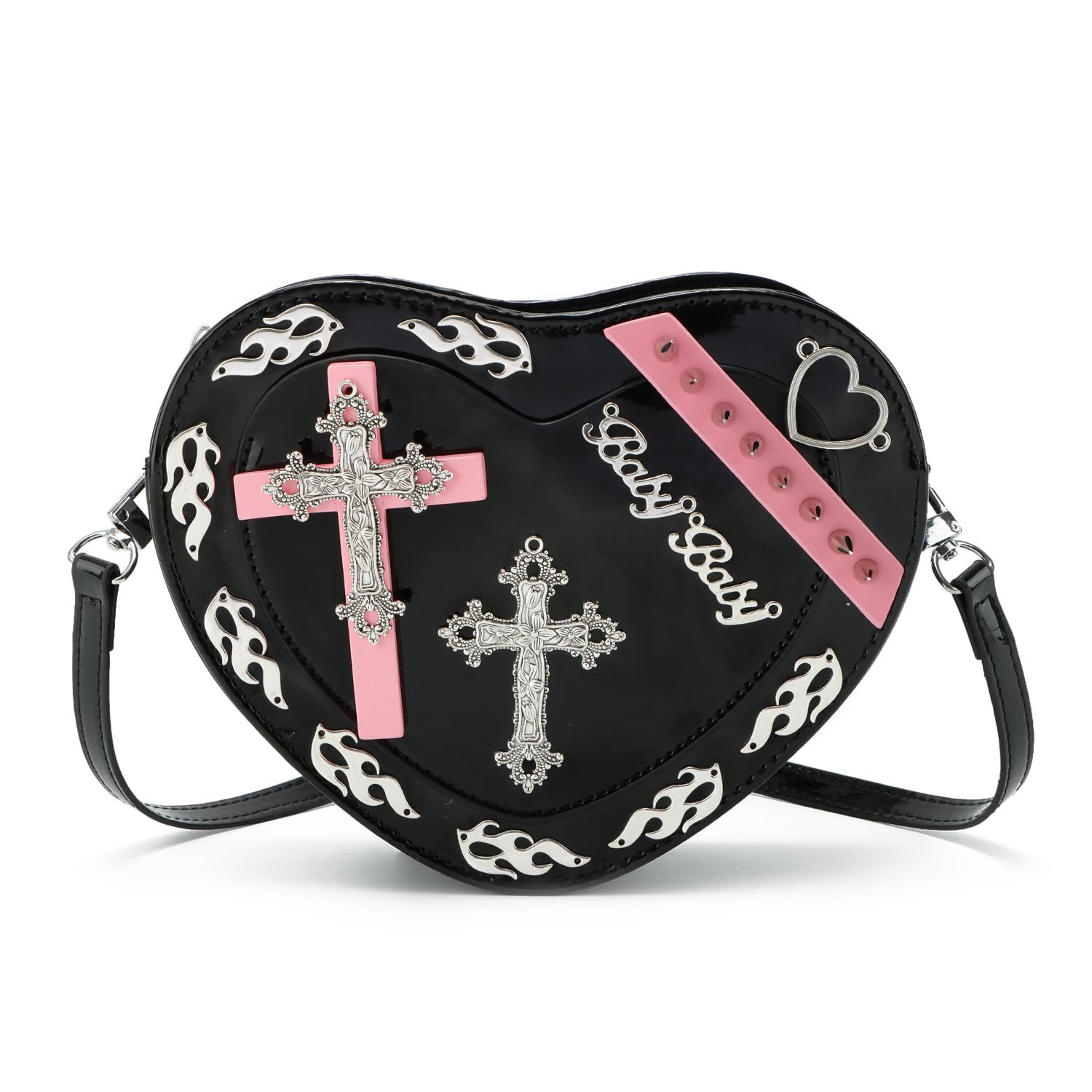 SUKUTU Women Gothic Punk Crossbody Bag Cute Heart Shaped Studded Shoulder Bag Purse