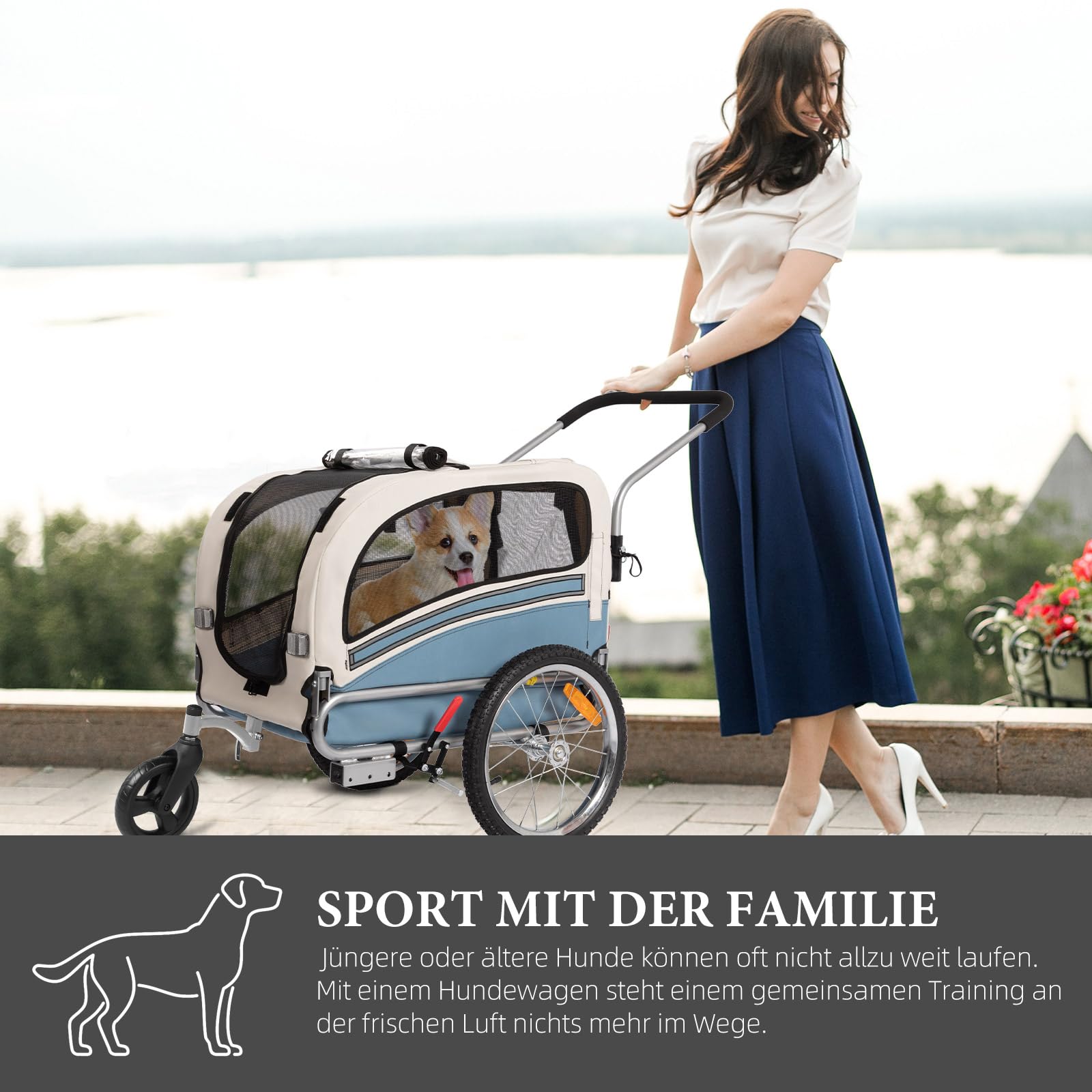 Rimorchio per cani 2 in 1 per bicicletta e jogging – Carrello per cani fino a 30 kg pieghevole con freni, bandierina di segnalazione, uso esterno e domestico, facile da montare