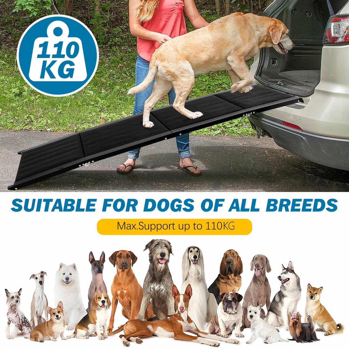 Hunderampe, 180 x 50cm Hunderampe Auto Klappbar, rutschfest Hunderampen für Autos, LKWs und SUV, bis 110 kg, Rampe Hund für Große und ältere Hunde, Aluminiumrahmen, Extra Lang