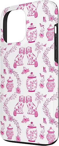Miniatura 2 de Funda para iPhone 13 Pro Max Preppy Pink and White Toile Chinoiserie Dogs and Ginger Jars