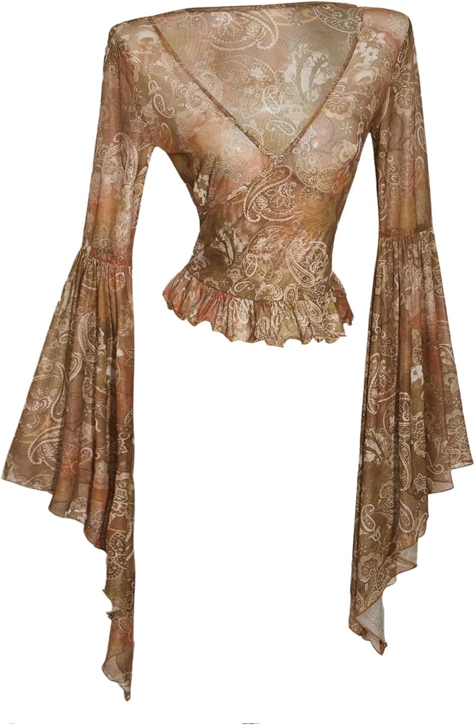 Milumia Women's Boho Paisley Long Bell Sleeve Mesh Top V Neck Ruffle Sheer Crop Tops