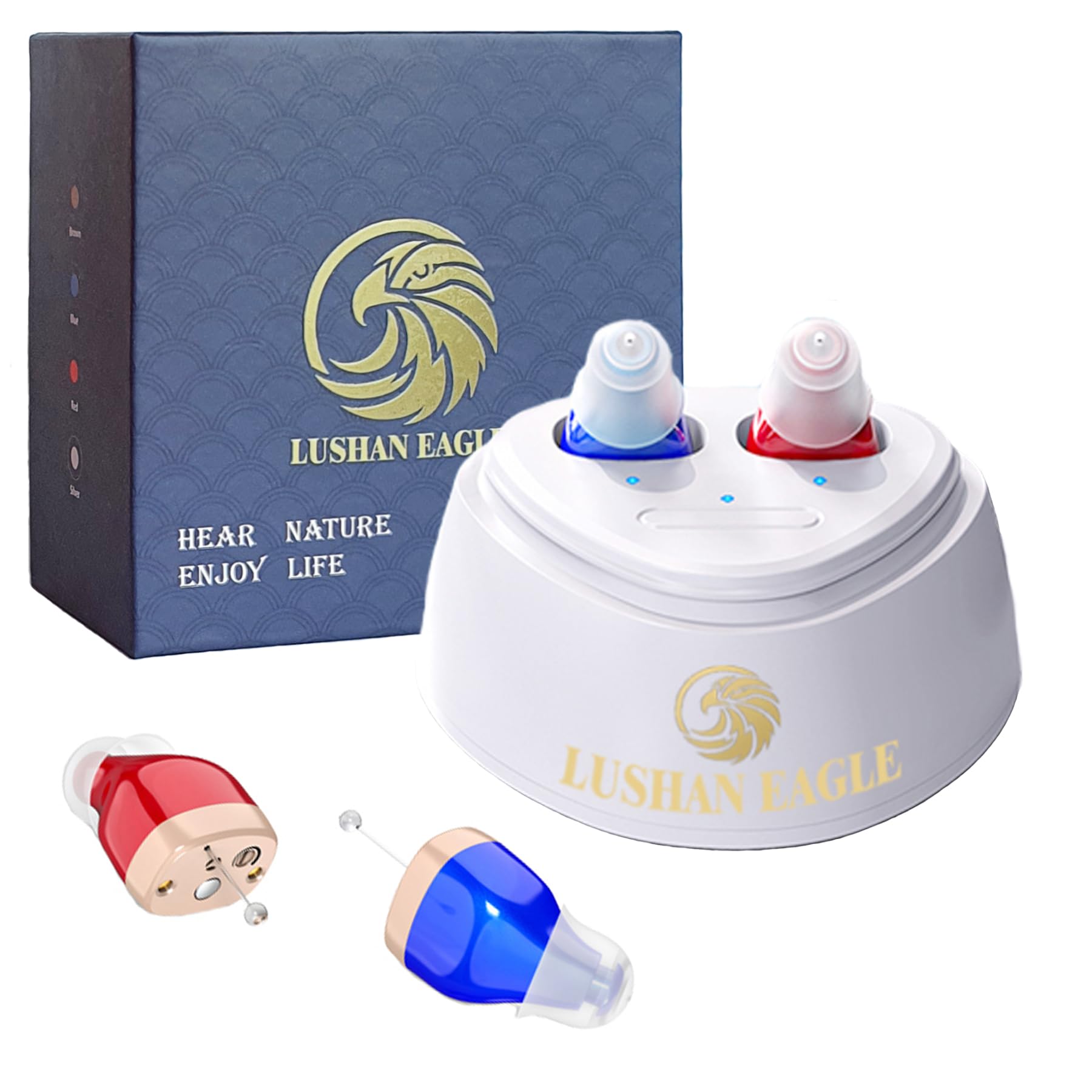 Auriculares Amplificados Auriculares Que Pueden Hacer Que el Sonido Sea más Fuerte, Mini Recargable Oculto en el oído con Chip Digital (Rojo y azul)