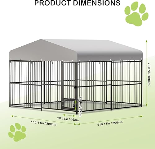 Miniatura 2 de Perrera para perros de 10 x 10 x 6 pies con techo, jaula grande de alta resistencia con cerradura, cubierta impermeable y cuencos, recinto
