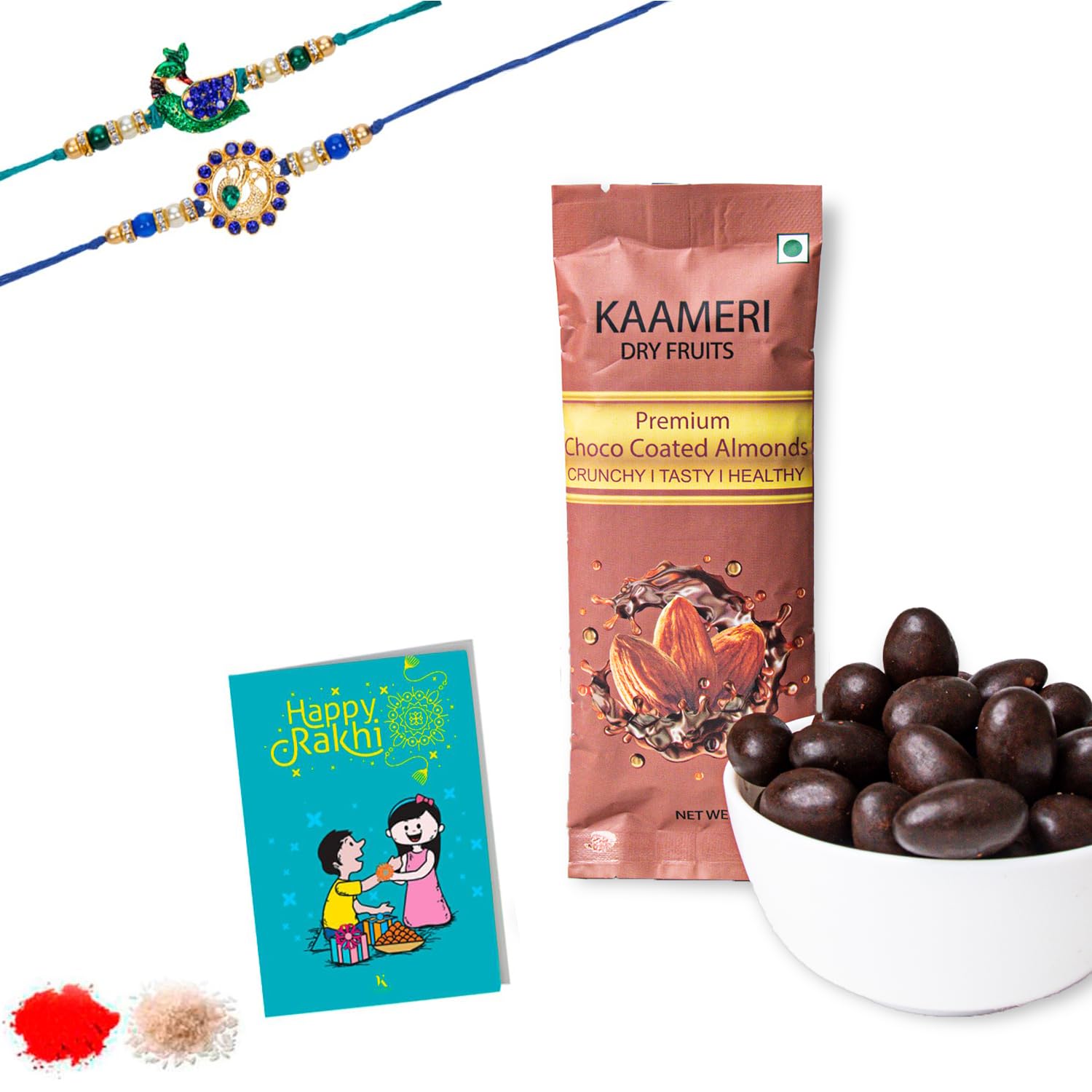 Kaameri Bazaar Rakhi for Brother combo with chocolate - Set of 2 Rakhi with 50 g chocolate dipped almond Gift Pack Greeting Card and Roli Chawal - Rakhi Gift for Brother - Peacock Rakhi (B0CFB7MBVJ) Amazon Price History, Amazon Price Tracker
