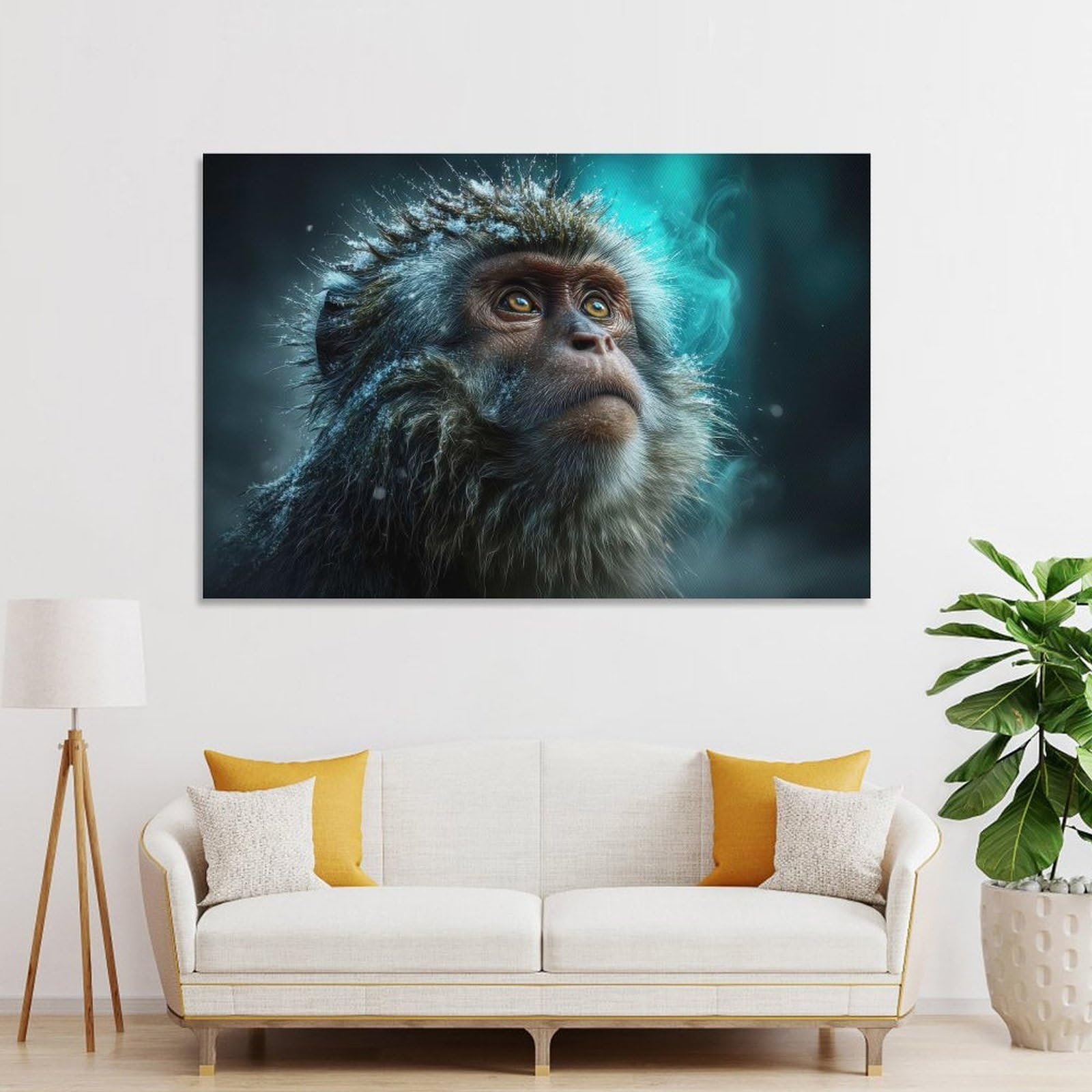Junmoney Snow-covered Monkey with Glowing Aura Home Decor Wall Art, 24x36inch(60x90cm), for Lounge, Bedroom Or Personal Spaces, Thoughtful Wall Decor for Art Lovers