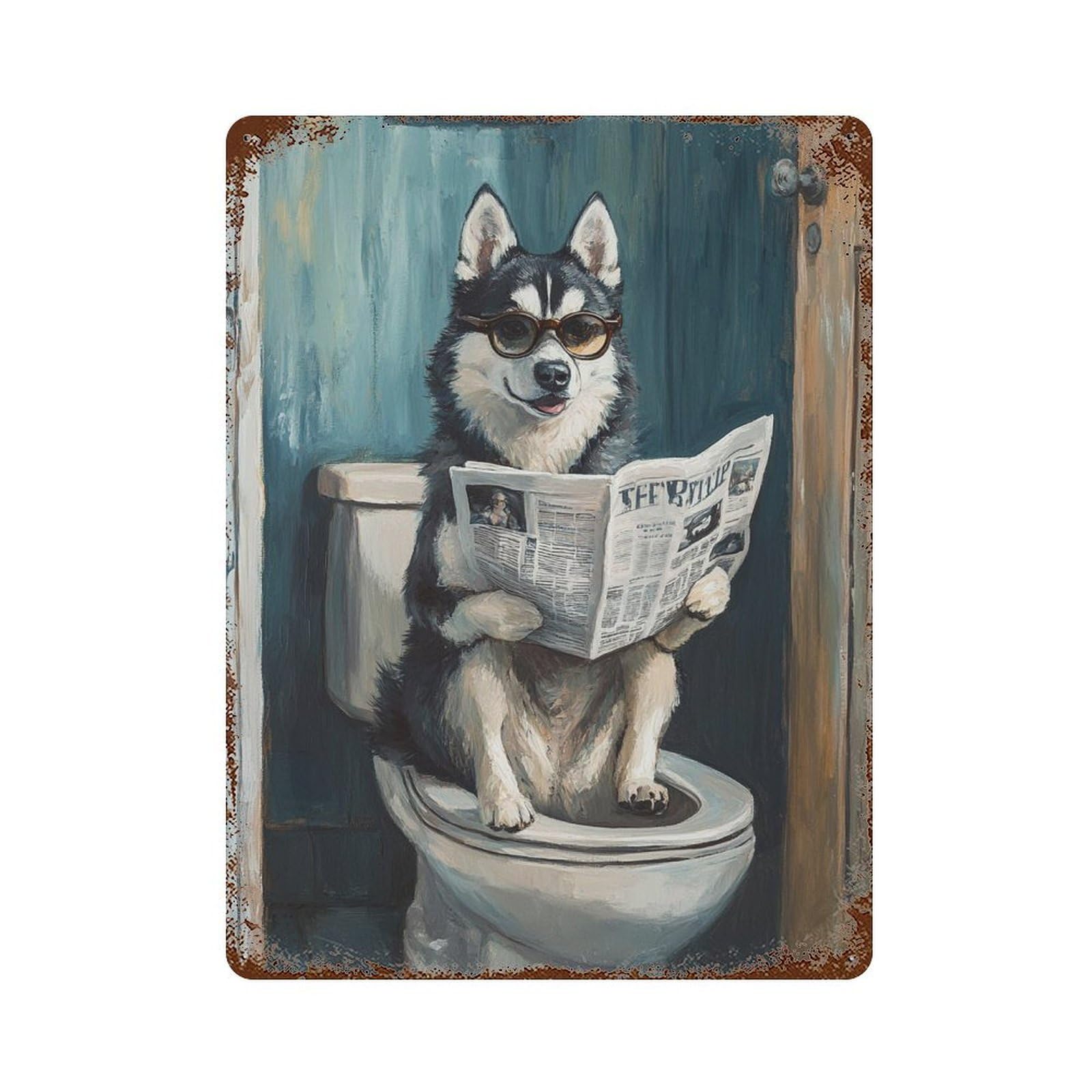 Dog Reading Newspaper on Toilet-63 15.7"x11.8" Aged Metal Wall Plaque, Vintage Wall Decor for Bistro, Counter And Cafe Decor
