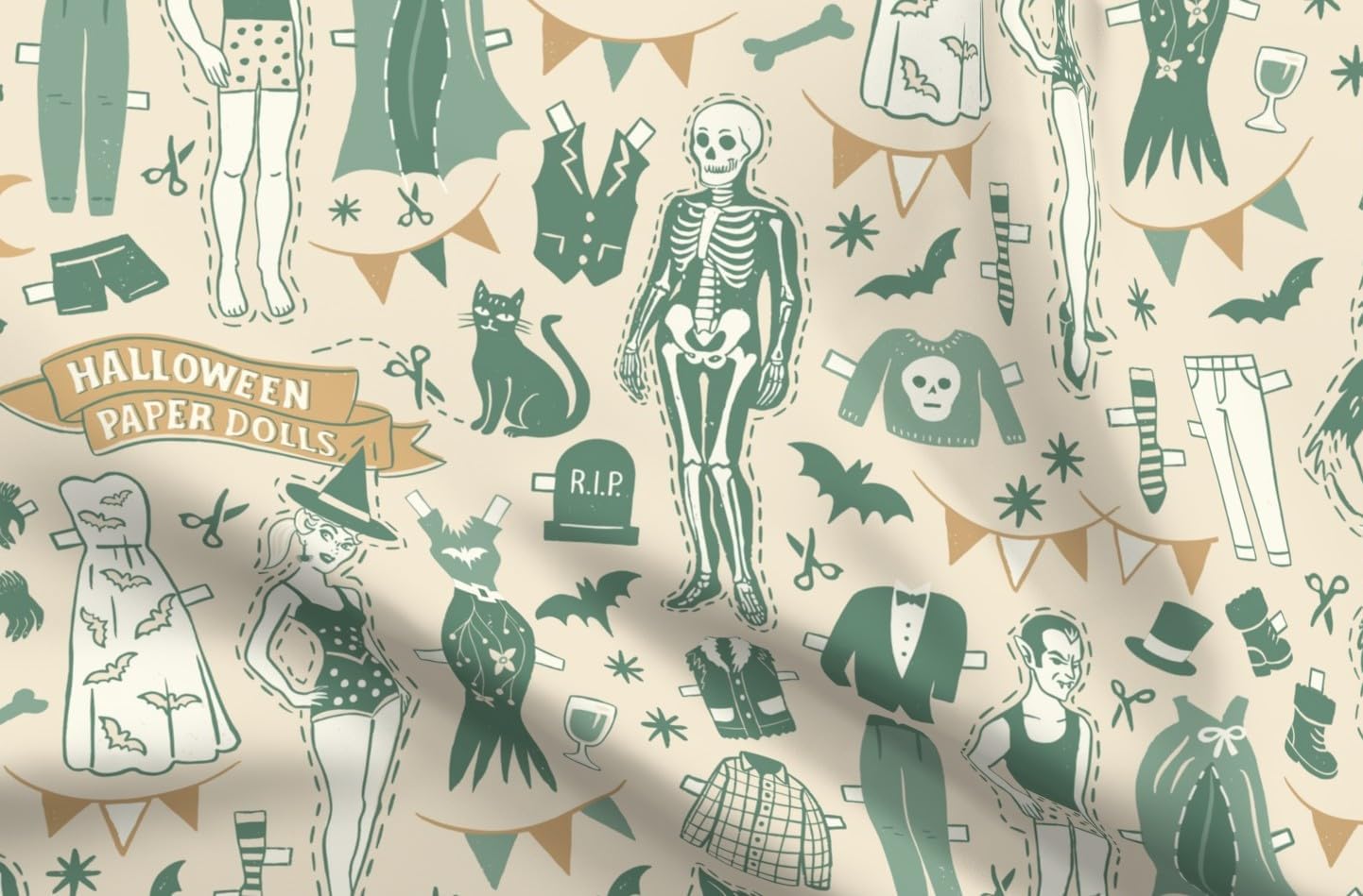 Spoonflower Fabric - Retro Vintage Halloween Costume Party Witches Skeletons Bats Trick Or Printed on Petal Cotton Fabric Fat Quarter - Sewing Quilting Apparel Crafts Decor