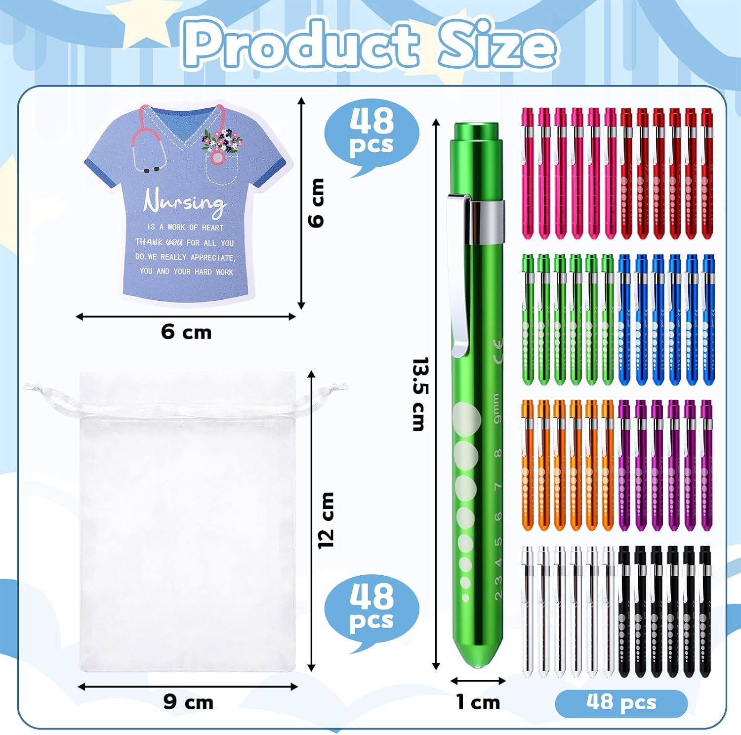 Lewtemi 48 Set Pen Light for Nurse Gift Thank You Nurse Appreciation Gift Cards LED Reusable Diagnostic Penlight with Pupil Gauge Pocket Clip for Employee Eye Doctor Hospital Staff Daily Use, 8 Colors