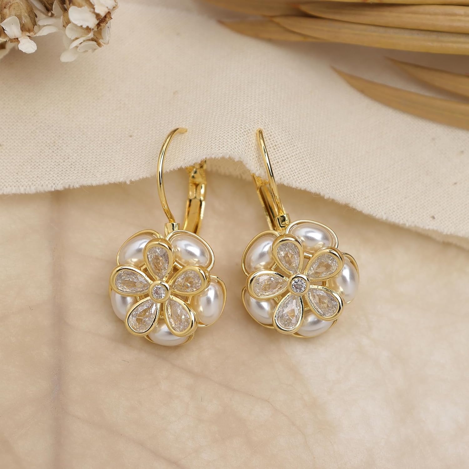 Gold Drop Leverback Earrings for Woman, Trendy Statement Rhinestone CZ Crystal Dangle Hoop Earing Wedding Bridal Prom Fashion Jewelry Gift - Image 4